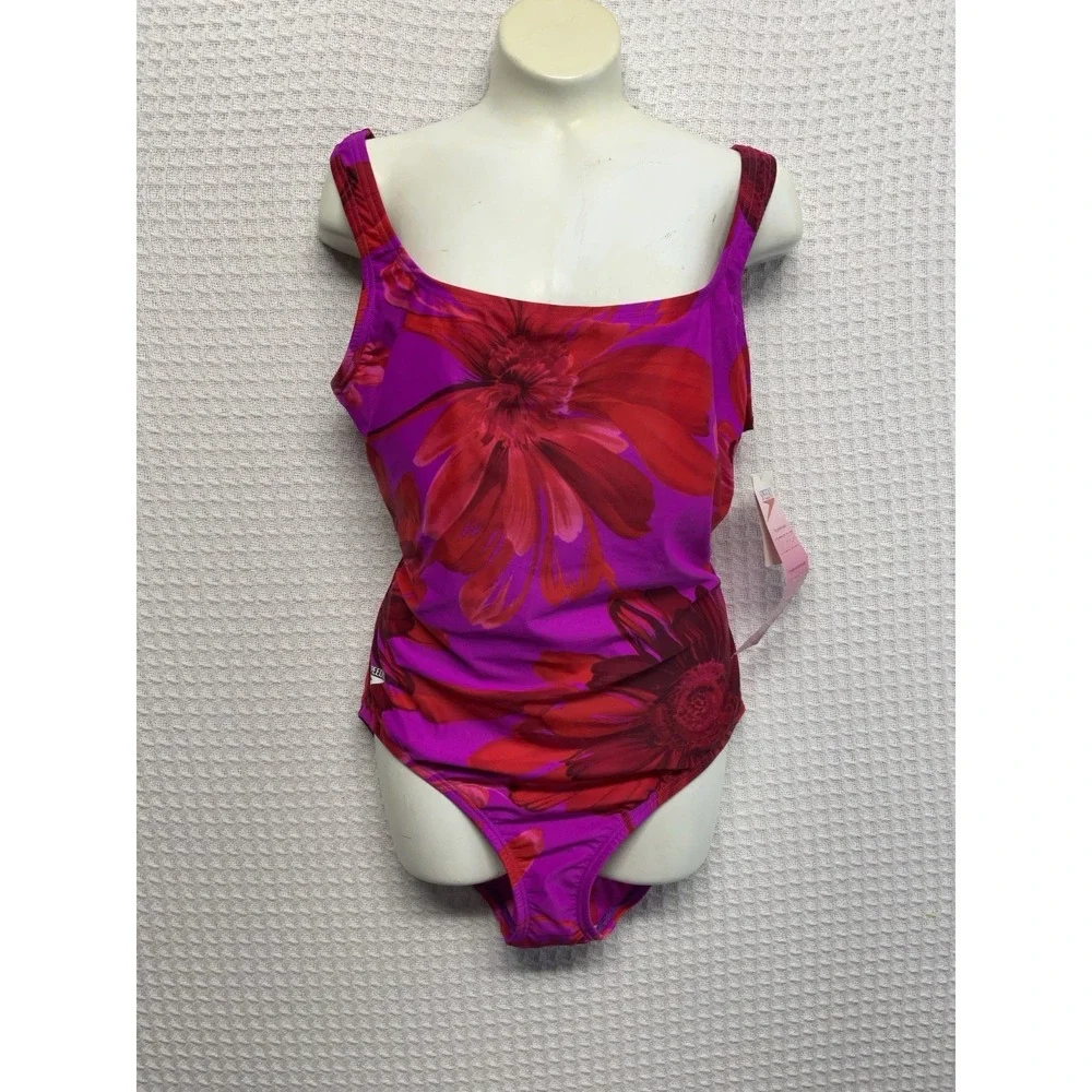Speedo One Piece Swim Suit Womens Size 12 Fuchsia Tropical Floral Vacation Beach